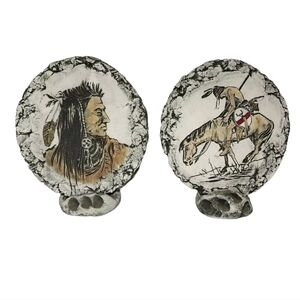 2 Native American Etched Stone Art Stan Langtwait End of Trail Indian Chief EUC